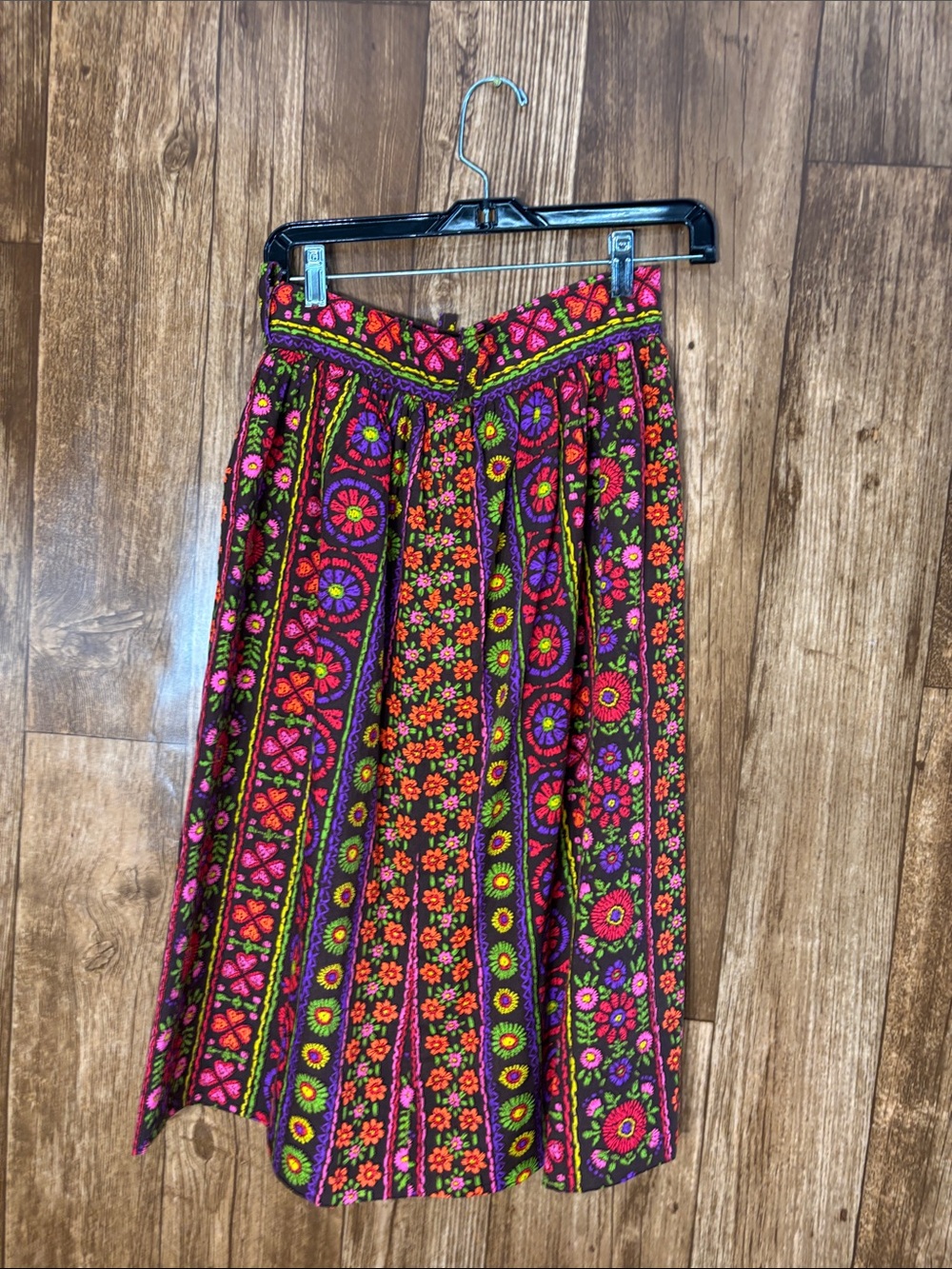 Colorful Embroidered Floral Midi Skirt in Black, Pink & Orange